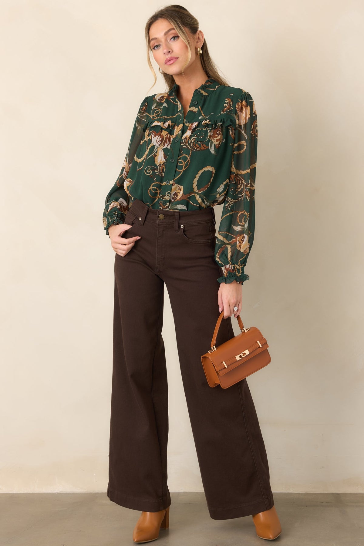Out at the Estate Forest Green Floral Rope Print Ruffle Blouse