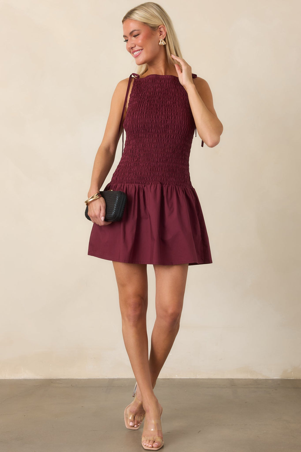 MINKPINK Lola Wine Red Cotton Shirred Mini Dress