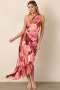 Poetic Charm Pink Floral One Shoulder Pleated Satin Maxi Dress