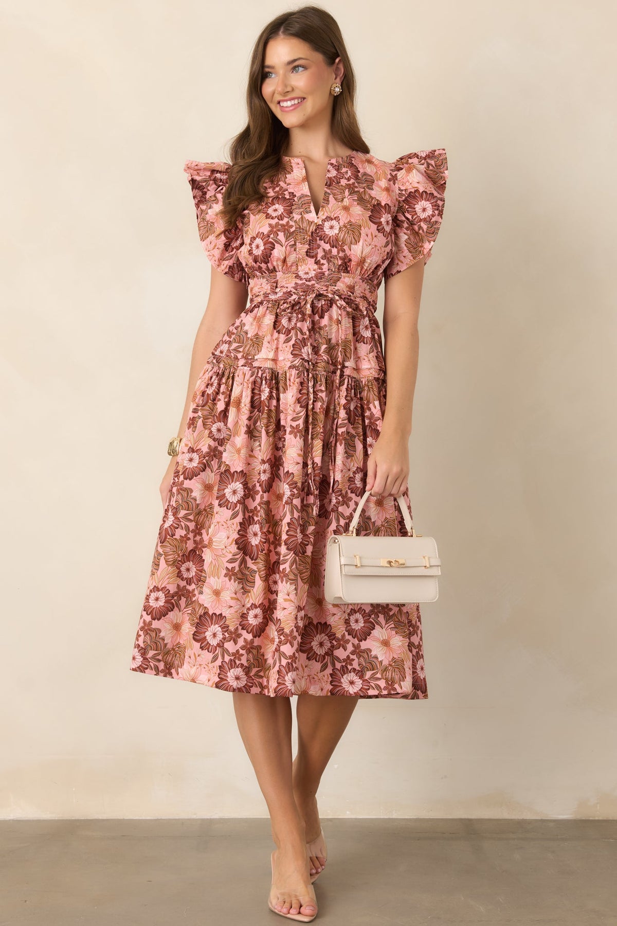 A Season Remembered Pink & Brown Floral Cotton Smocked Midi Dress