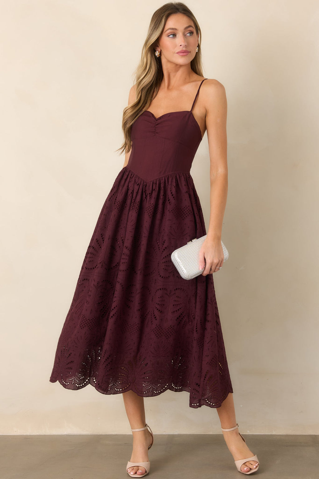 All the Romance Plum Eyelet Scallop Midi Dress