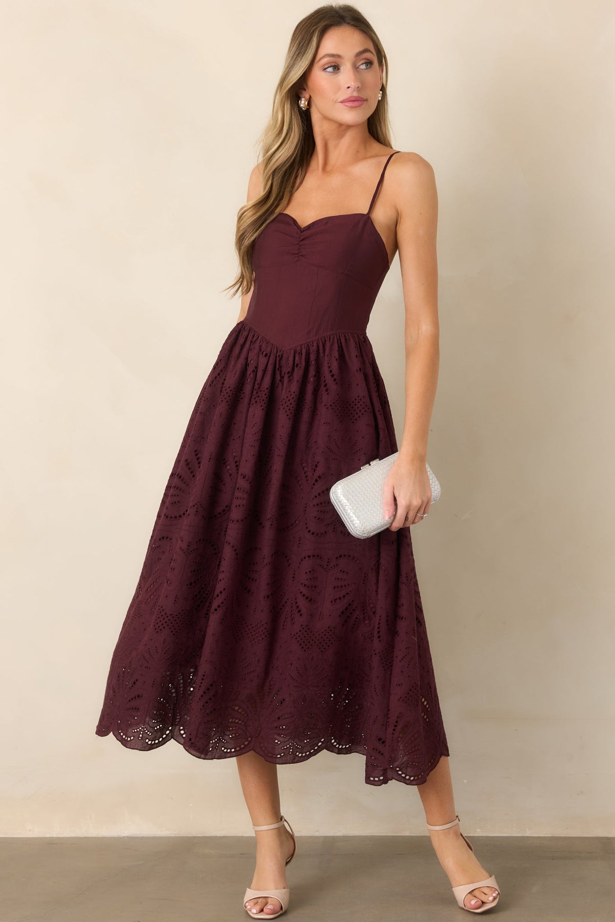 All the Romance Plum Eyelet Scallop Midi Dress