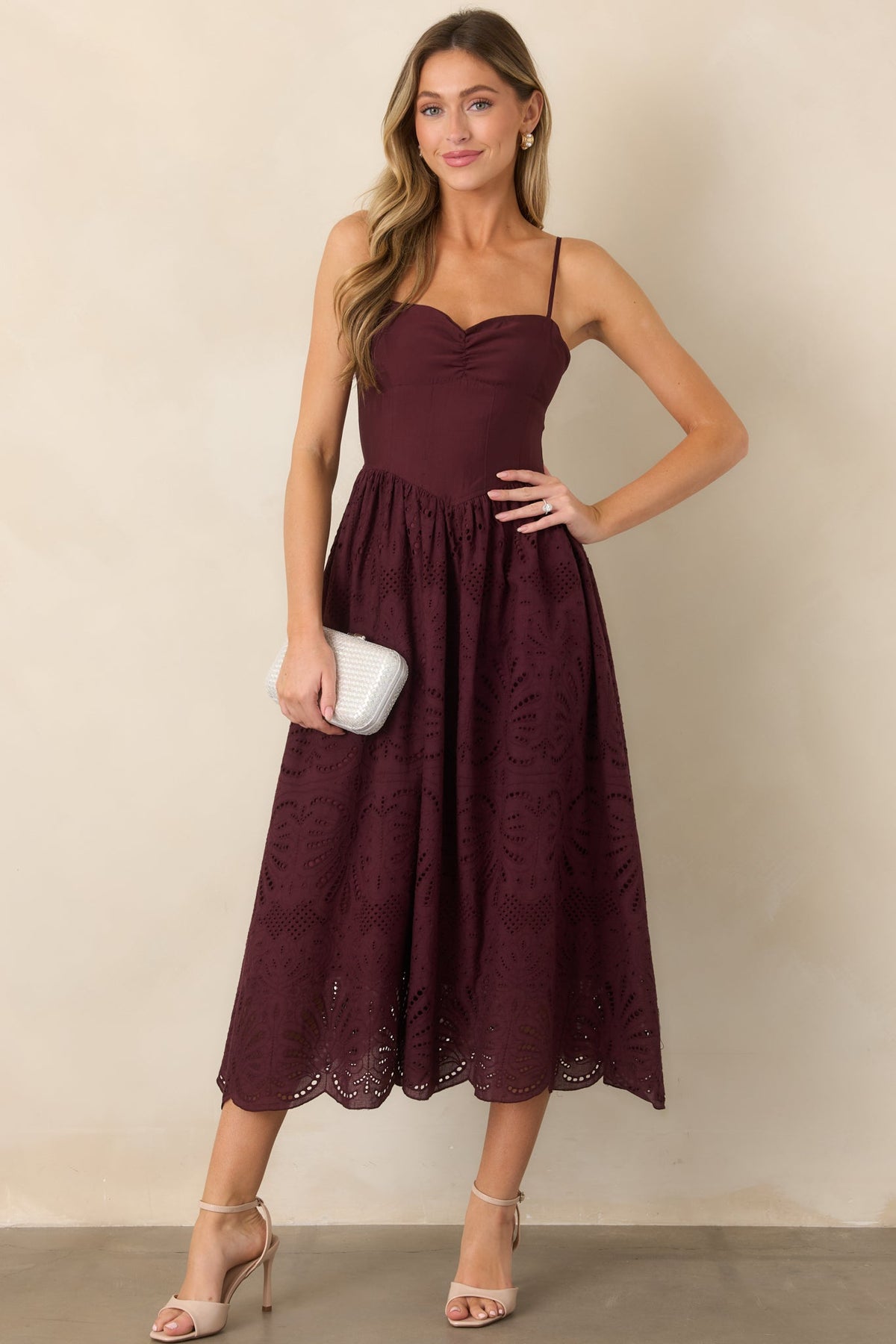 All the Romance Plum Eyelet Scallop Midi Dress