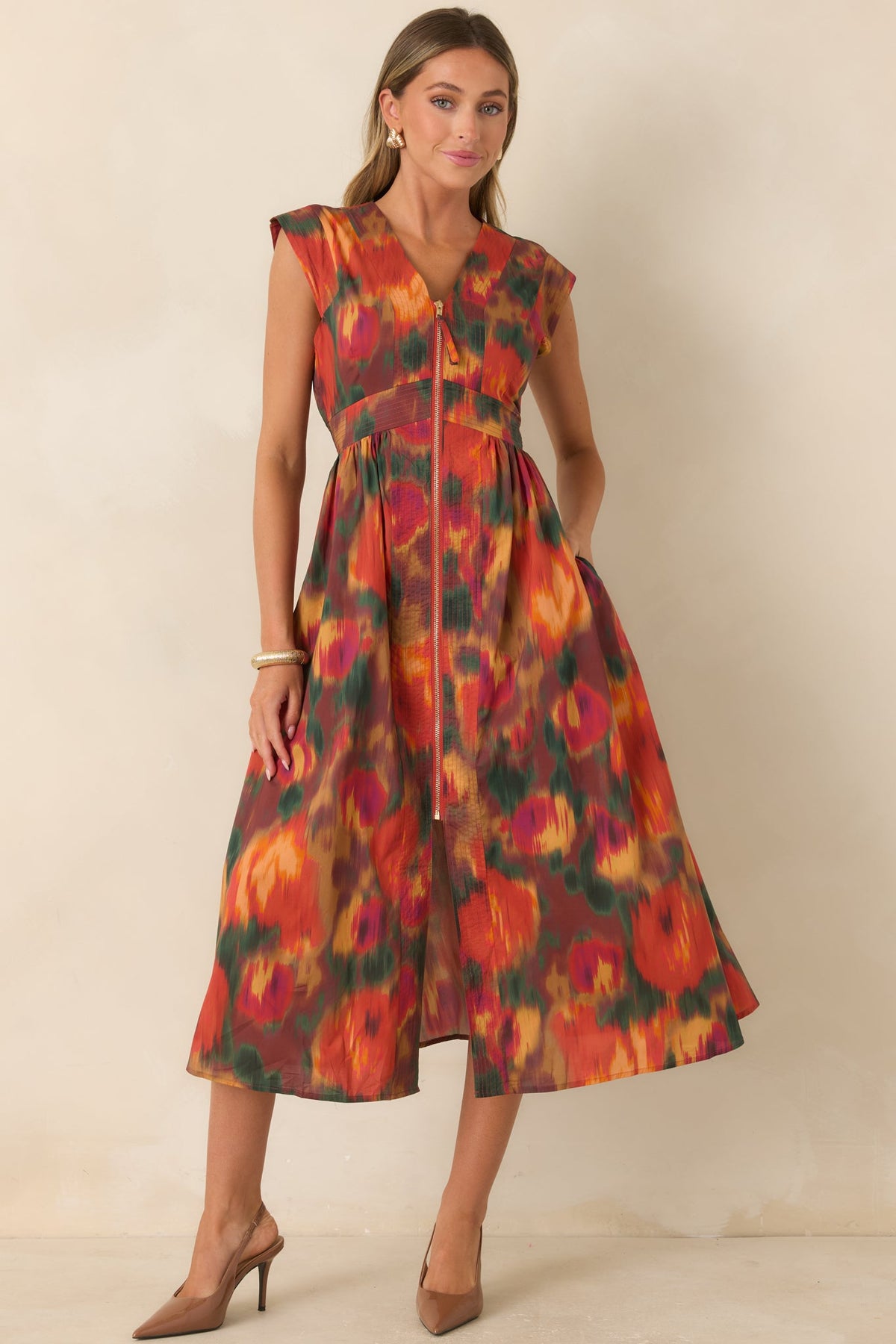 Fall Into Place Rust Multi Floral Cotton Midi Dress