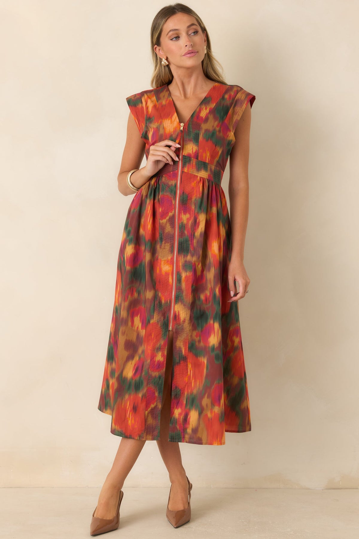 Fall Into Place Rust Multi Floral Cotton Midi Dress