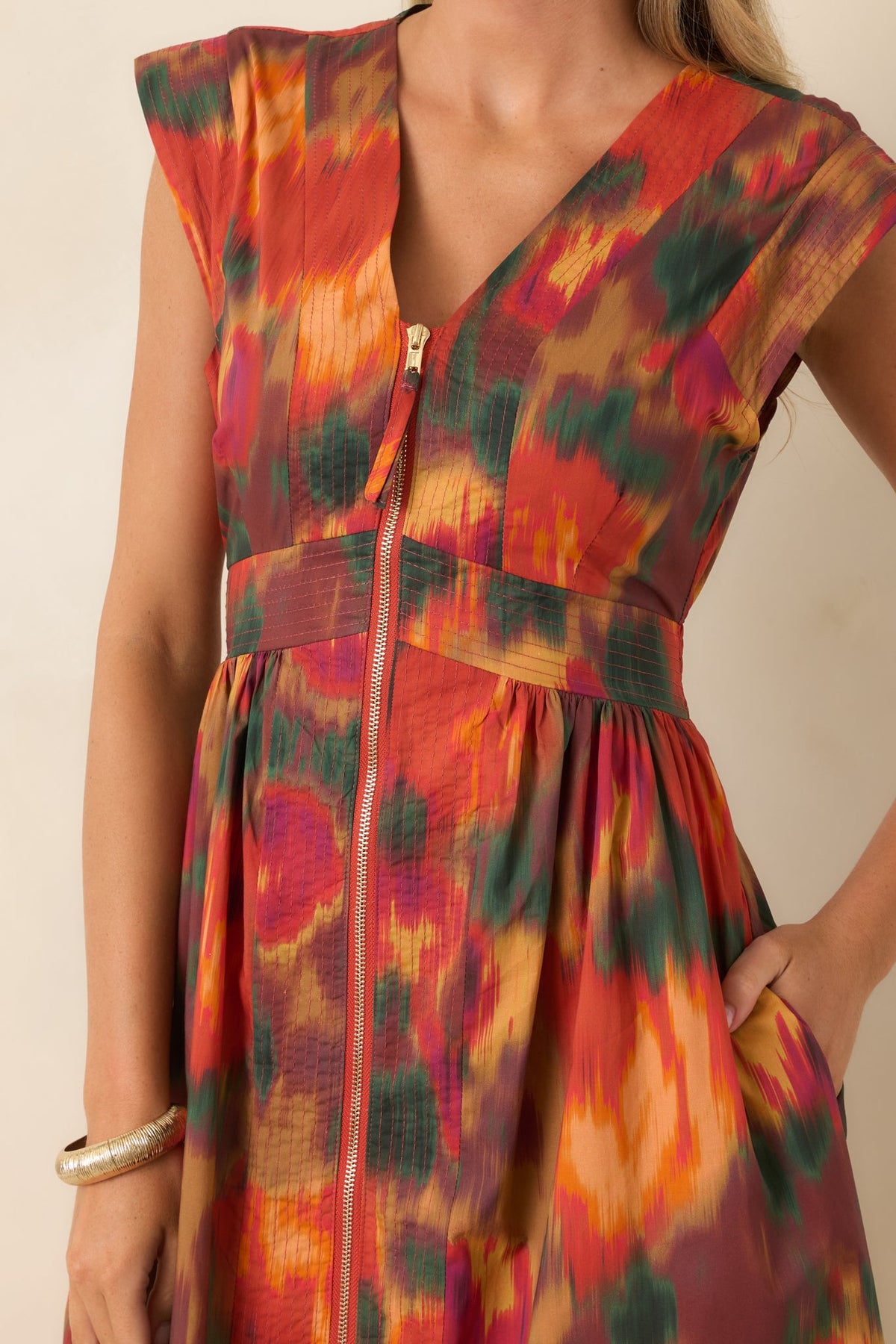 Fall Into Place Rust Multi Floral Cotton Midi Dress