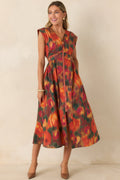Fall Into Place Rust Multi Floral Cotton Midi Dress