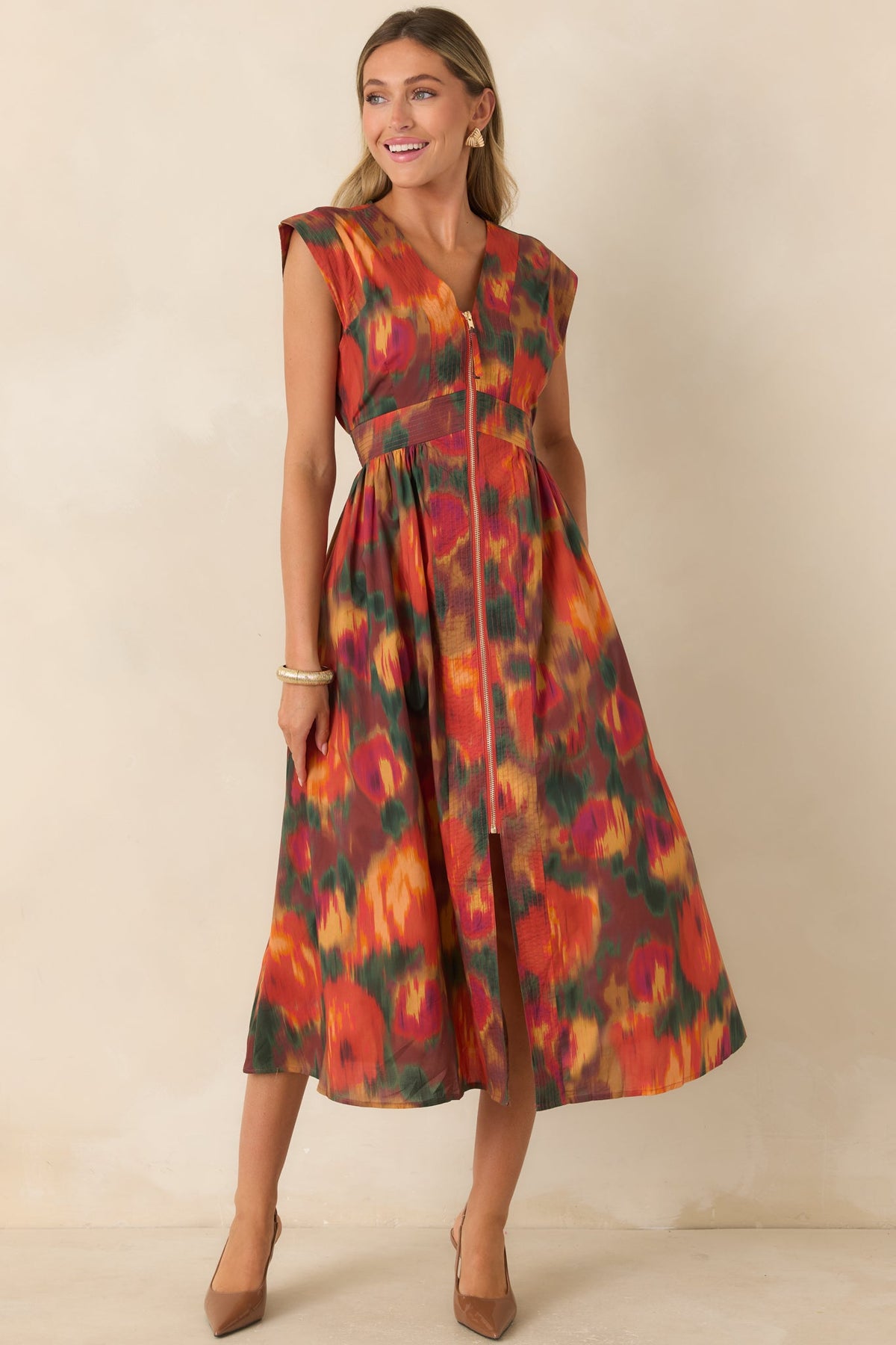 Fall Into Place Rust Multi Floral Cotton Midi Dress