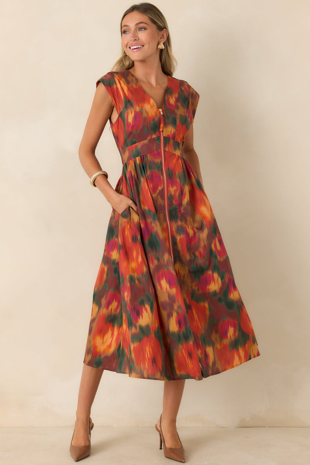 Fall Into Place Rust Multi Floral Cotton Midi Dress