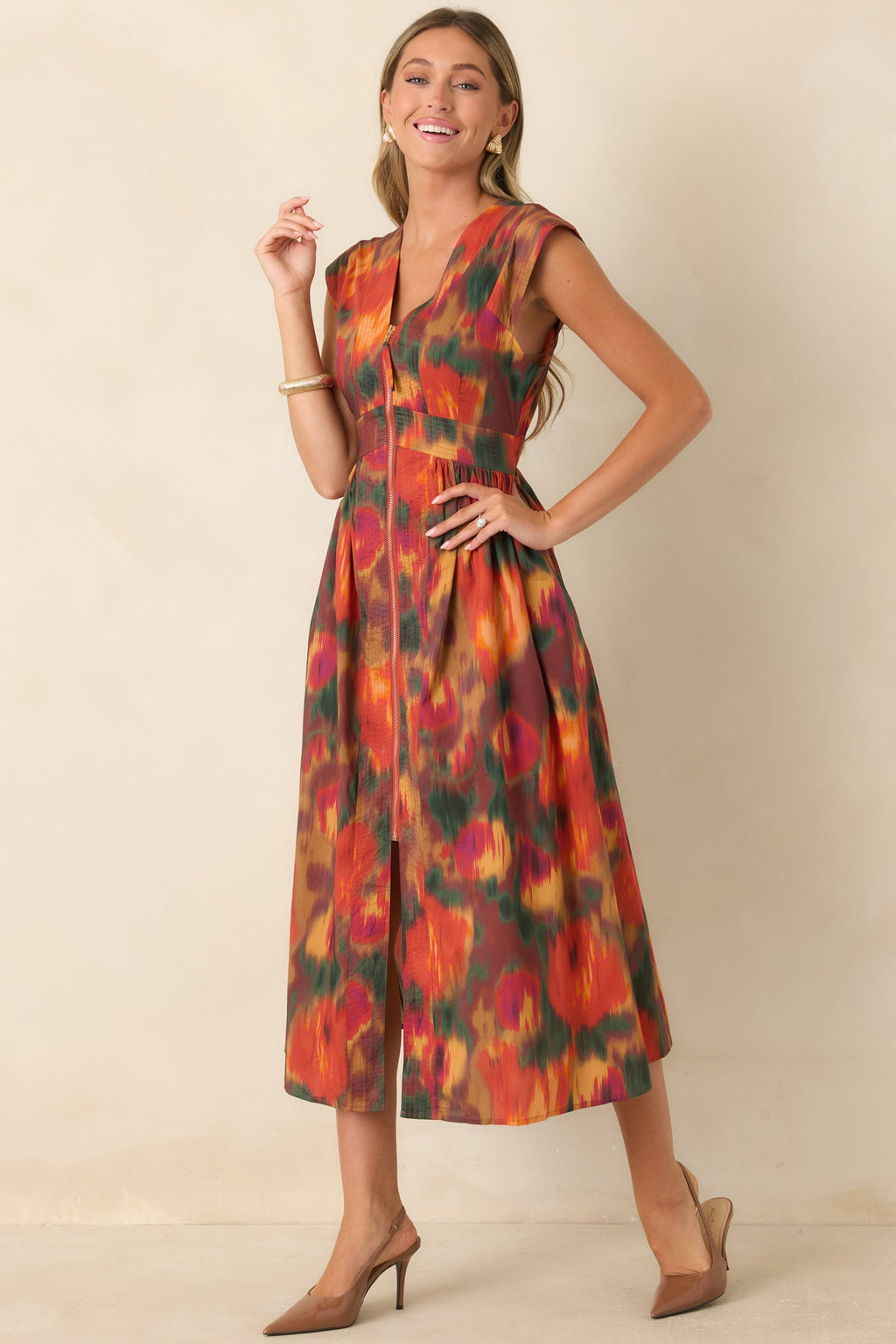 Fall Into Place Rust Multi Floral Cotton Midi Dress