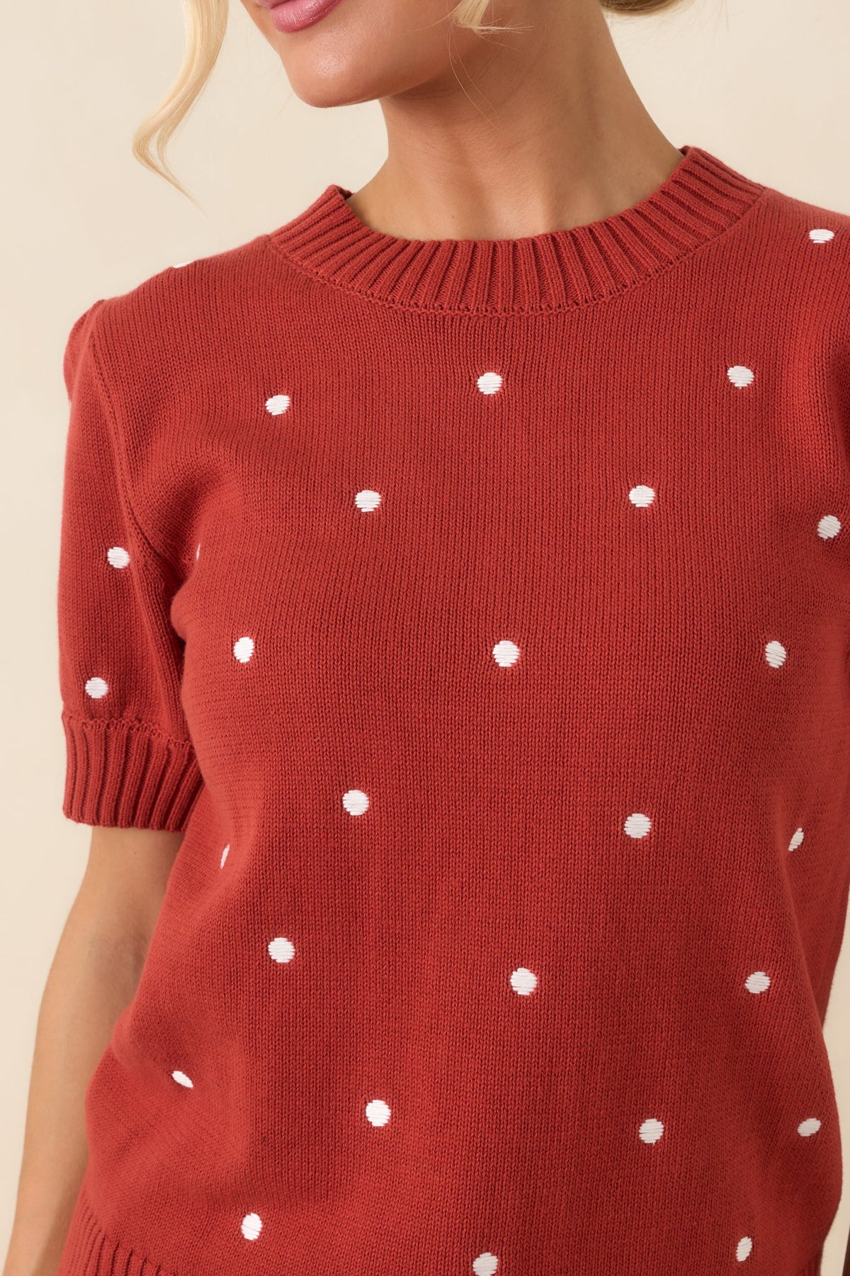 Point of Distinction Rust Red Polka Dot Cotton Knit Top