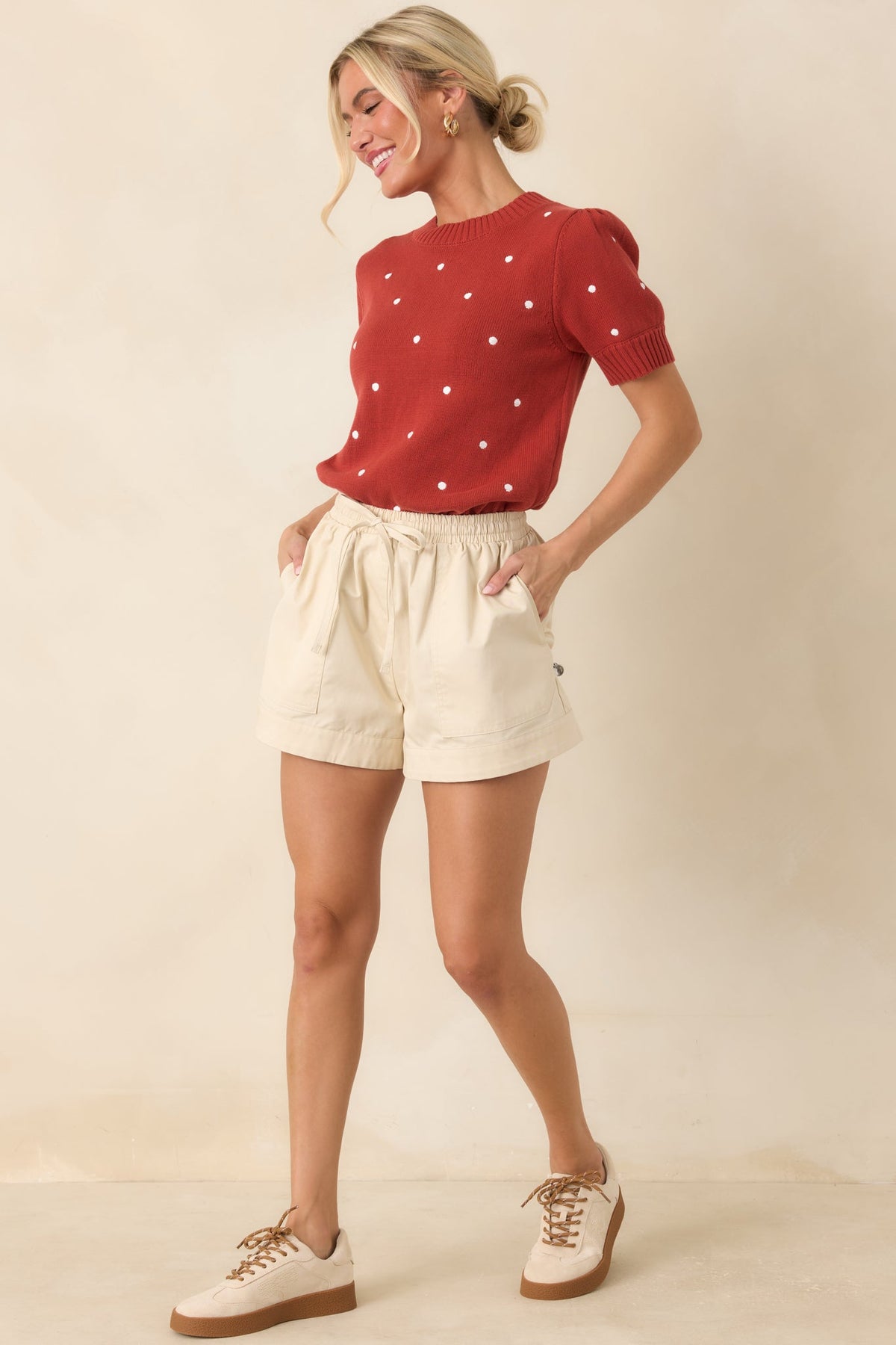 Point of Distinction Rust Red Polka Dot Cotton Knit Top