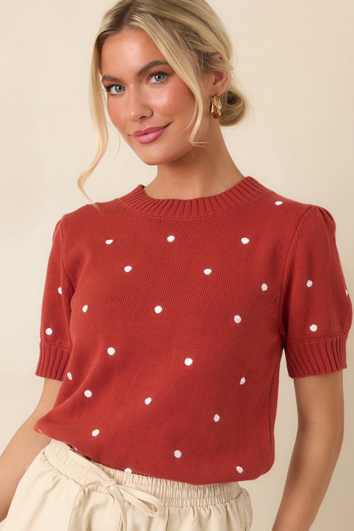 Point of Distinction Rust Red Polka Dot Cotton Knit Top