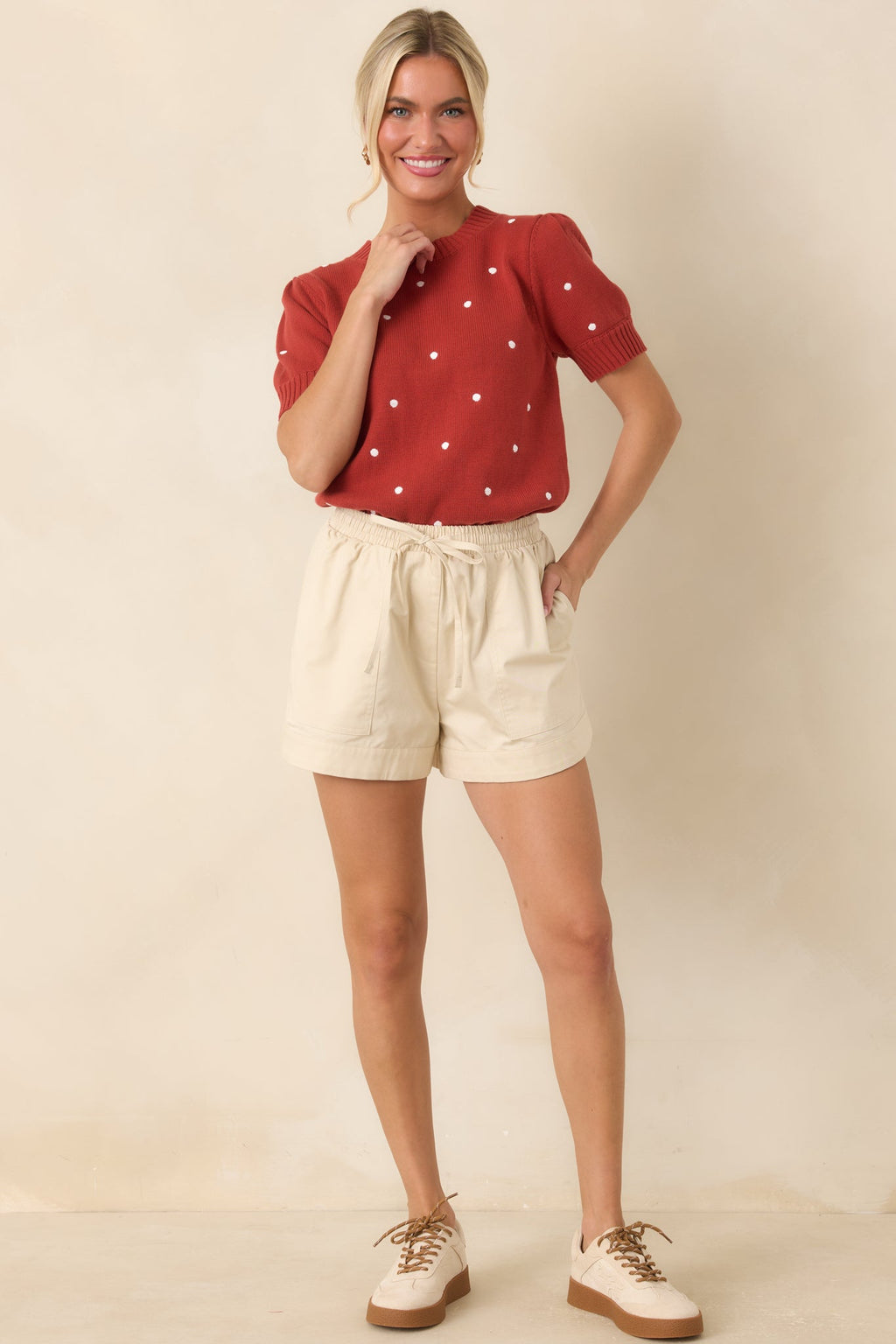 Point of Distinction Rust Red Polka Dot Cotton Knit Top