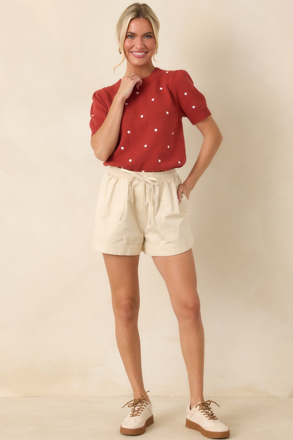 Point of Distinction Rust Red Polka Dot Cotton Knit Top