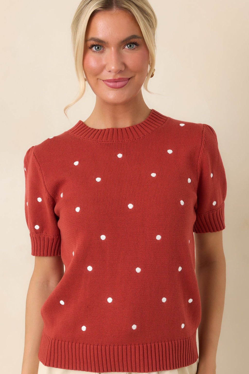 Point of Distinction Rust Red Polka Dot Cotton Knit Top