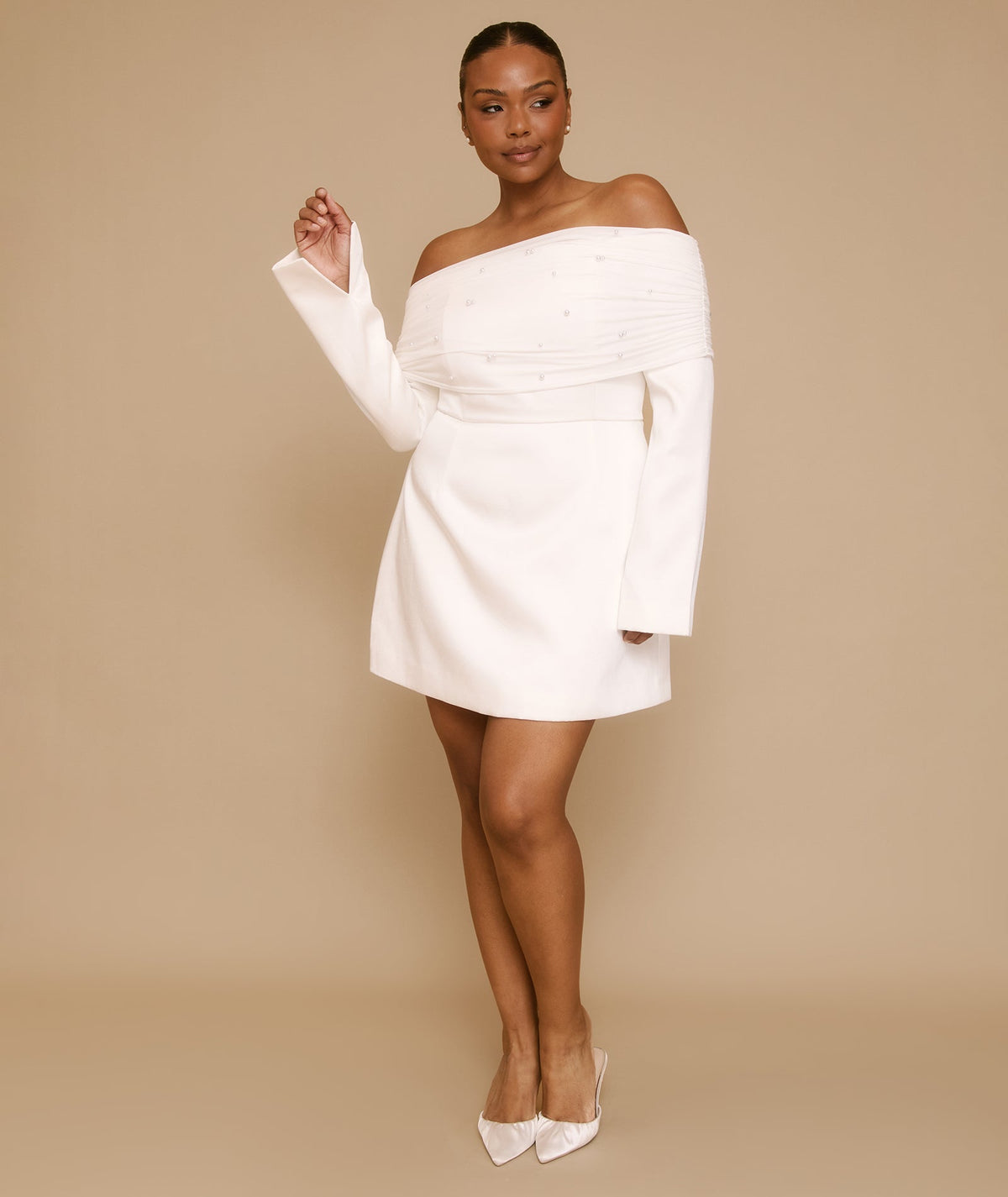 Petite Pearl Trim Bardot Mini Dress - White