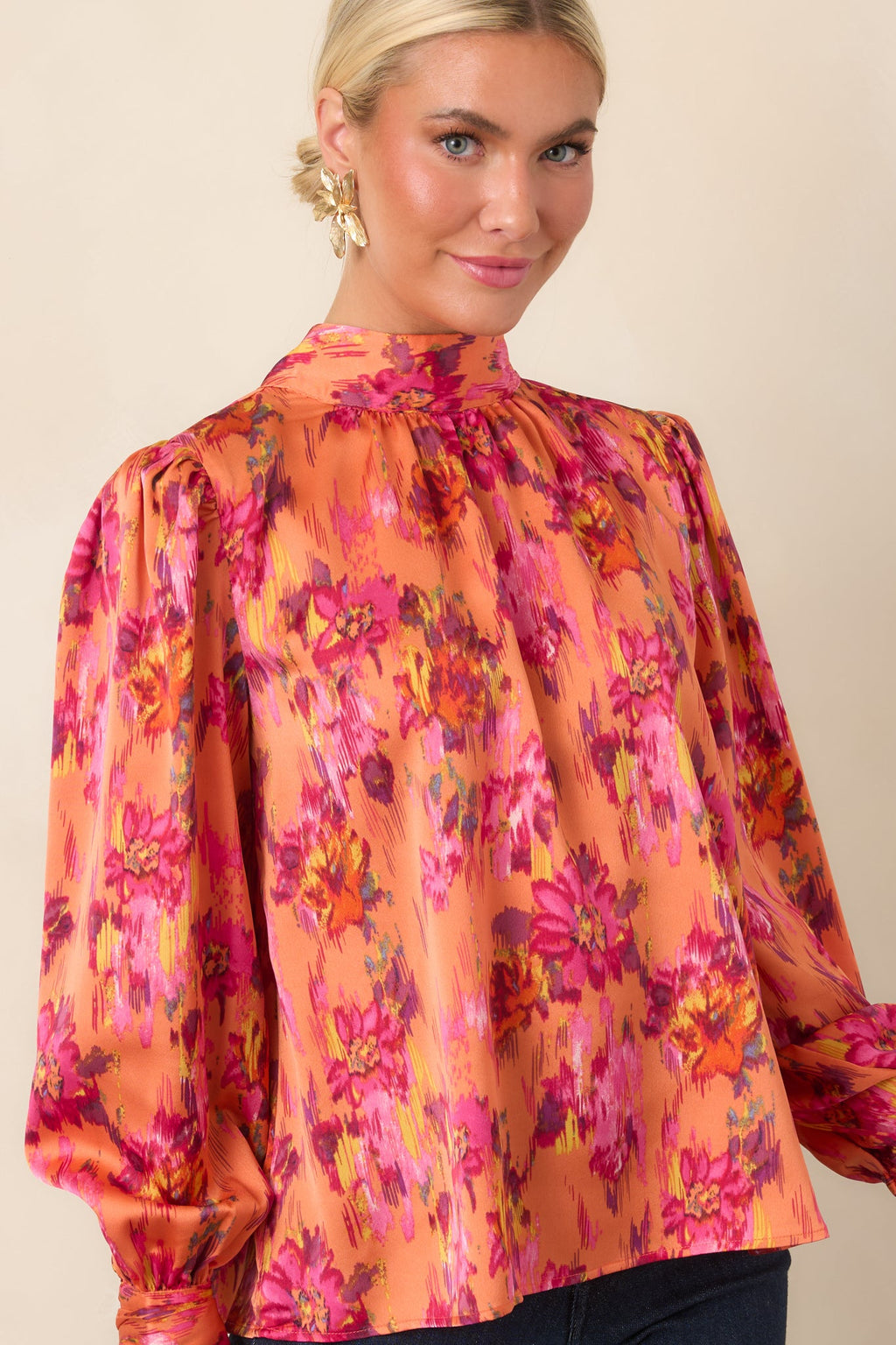 Worth Noticing Orange Multi Floral Satin Blouse