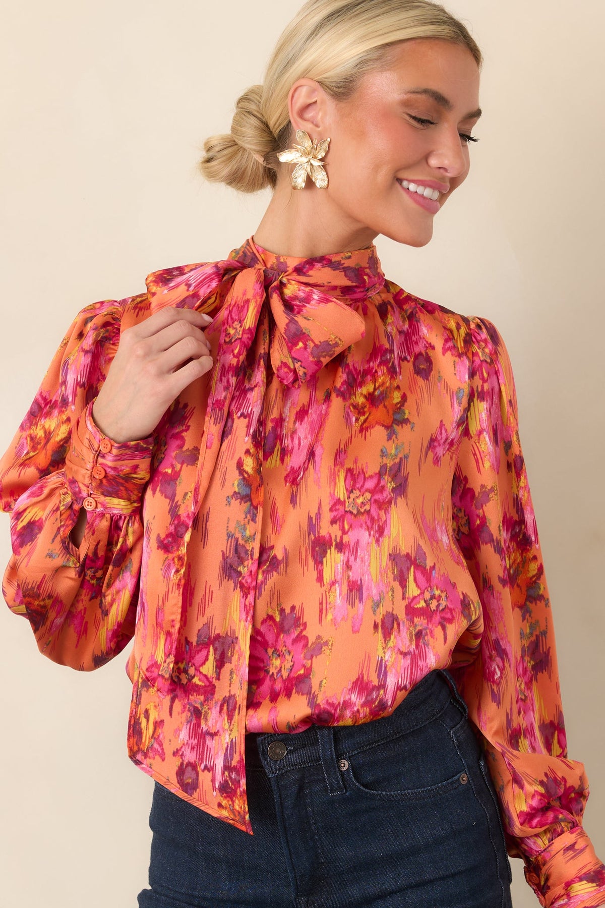 Worth Noticing Orange Multi Floral Satin Blouse