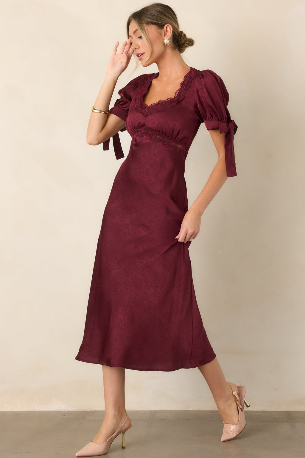 More Than a Feeling Burgundy Satin Lace Trim Midi Dress