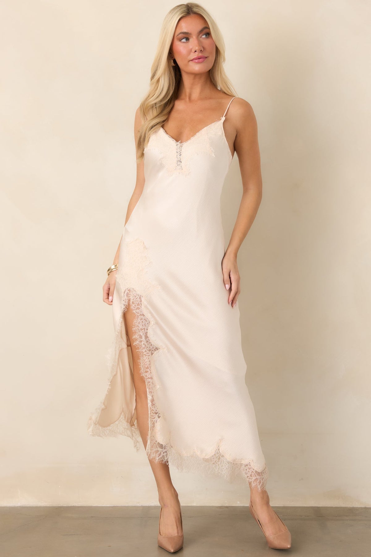 Just Like in the Movies Ivory Satin Lace Slip Midi Dress