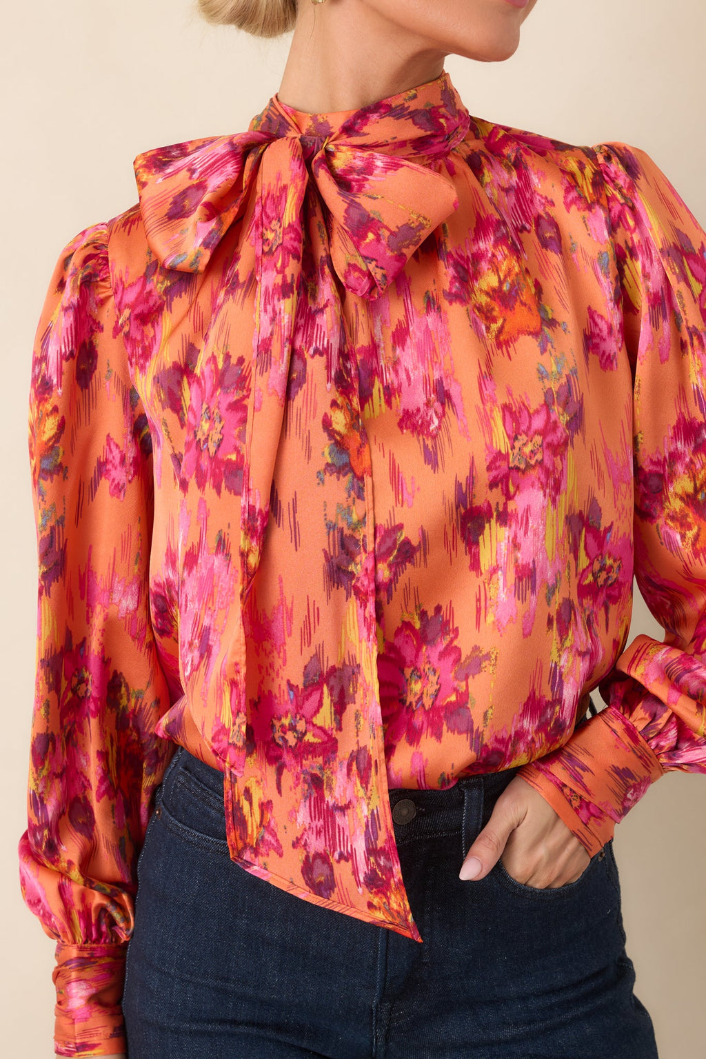Worth Noticing Orange Multi Floral Satin Blouse