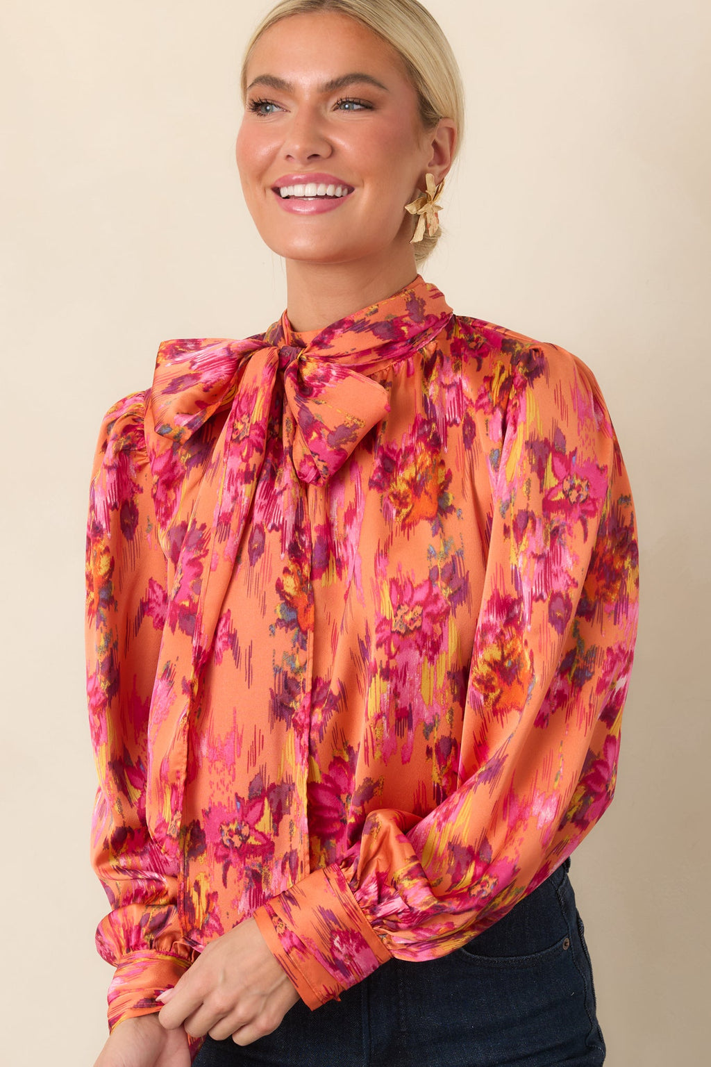 Worth Noticing Orange Multi Floral Satin Blouse