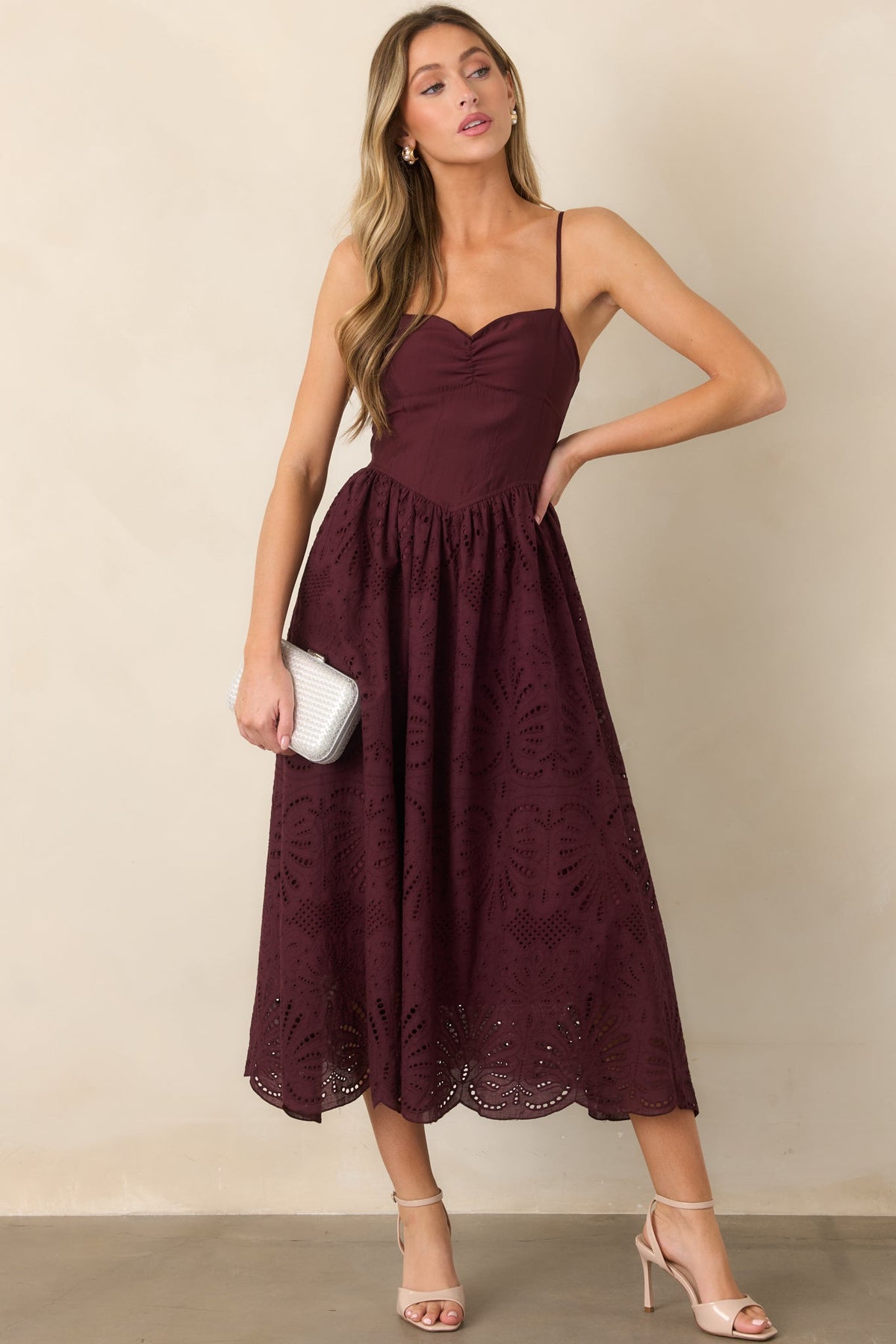 All the Romance Plum Eyelet Scallop Midi Dress