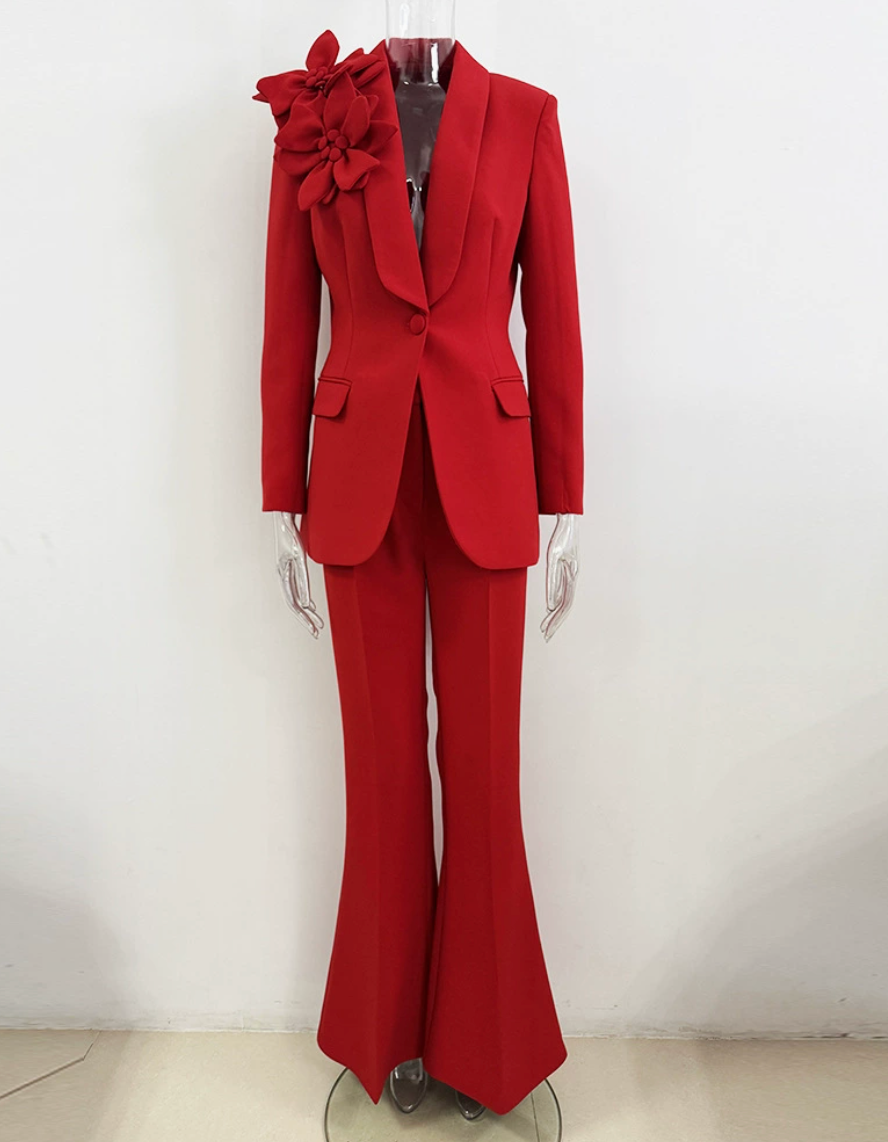 Red Women’s 2-Piece Suit – 3D Floral Blazer Jacket & Flared Trousers Pants Suit