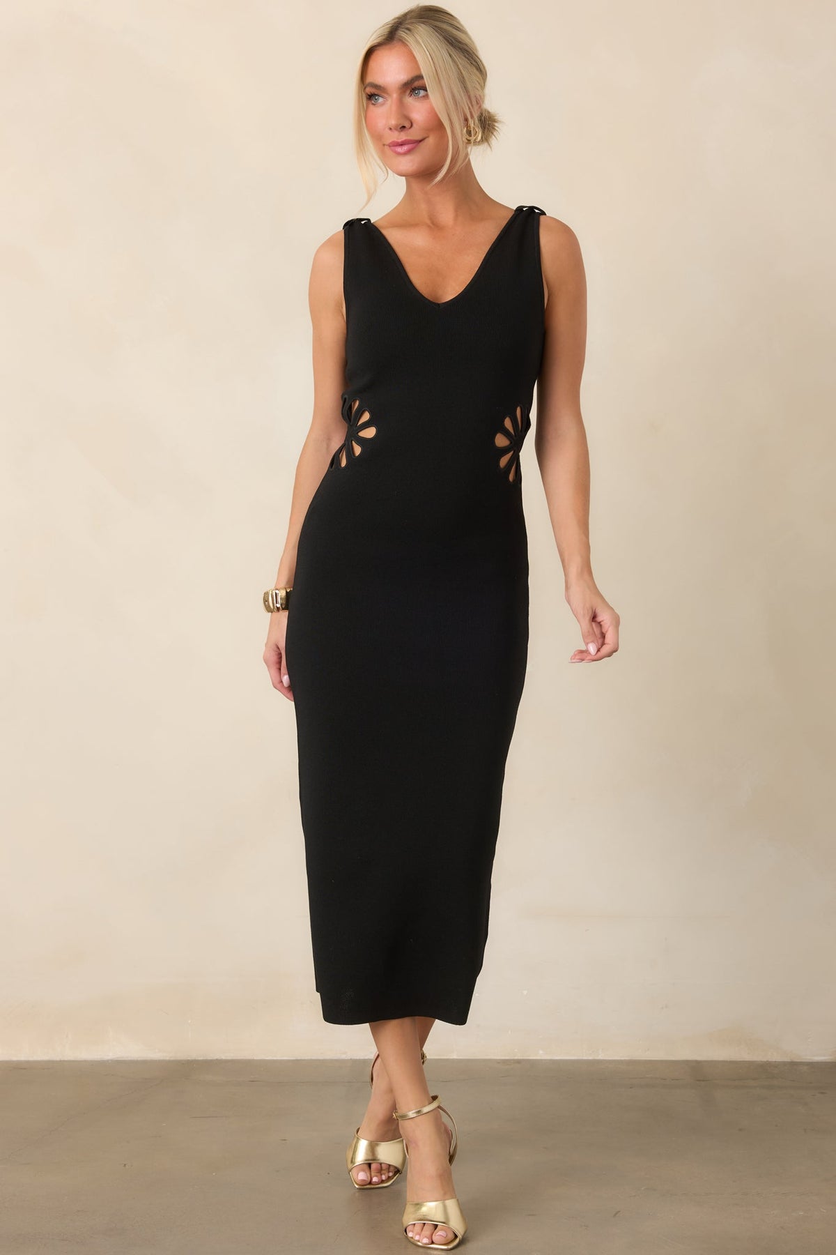 Nothing to Hide Black Floral Cutout Knit Midi Dress