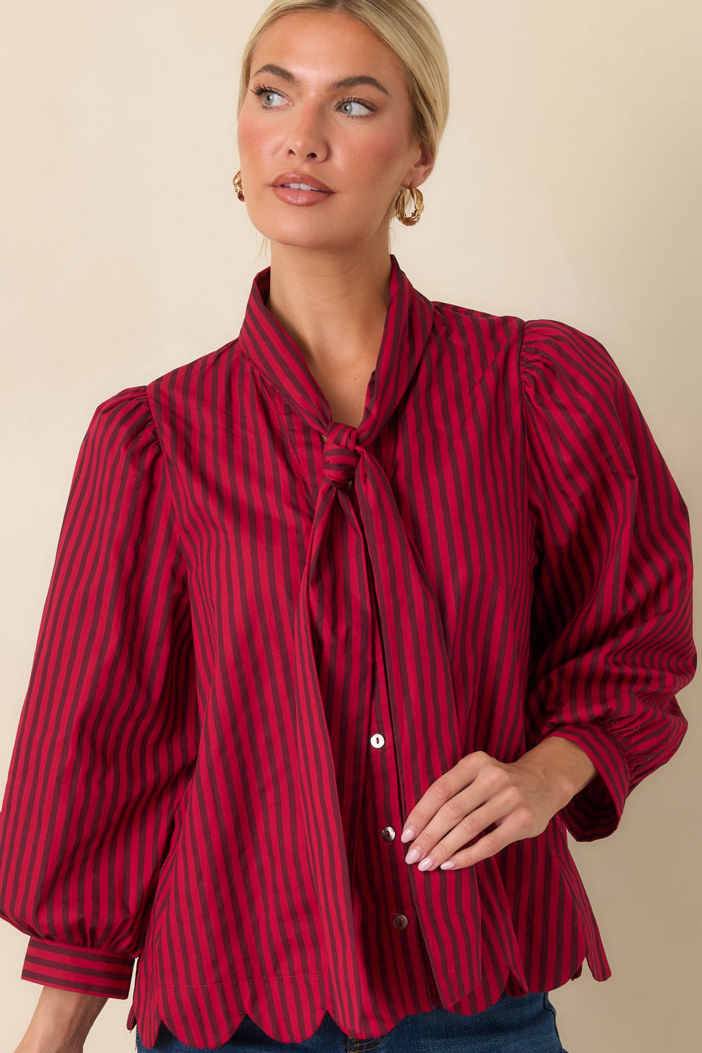Read Between the Lines Red & Brown Stripe Tie Neck Blouse