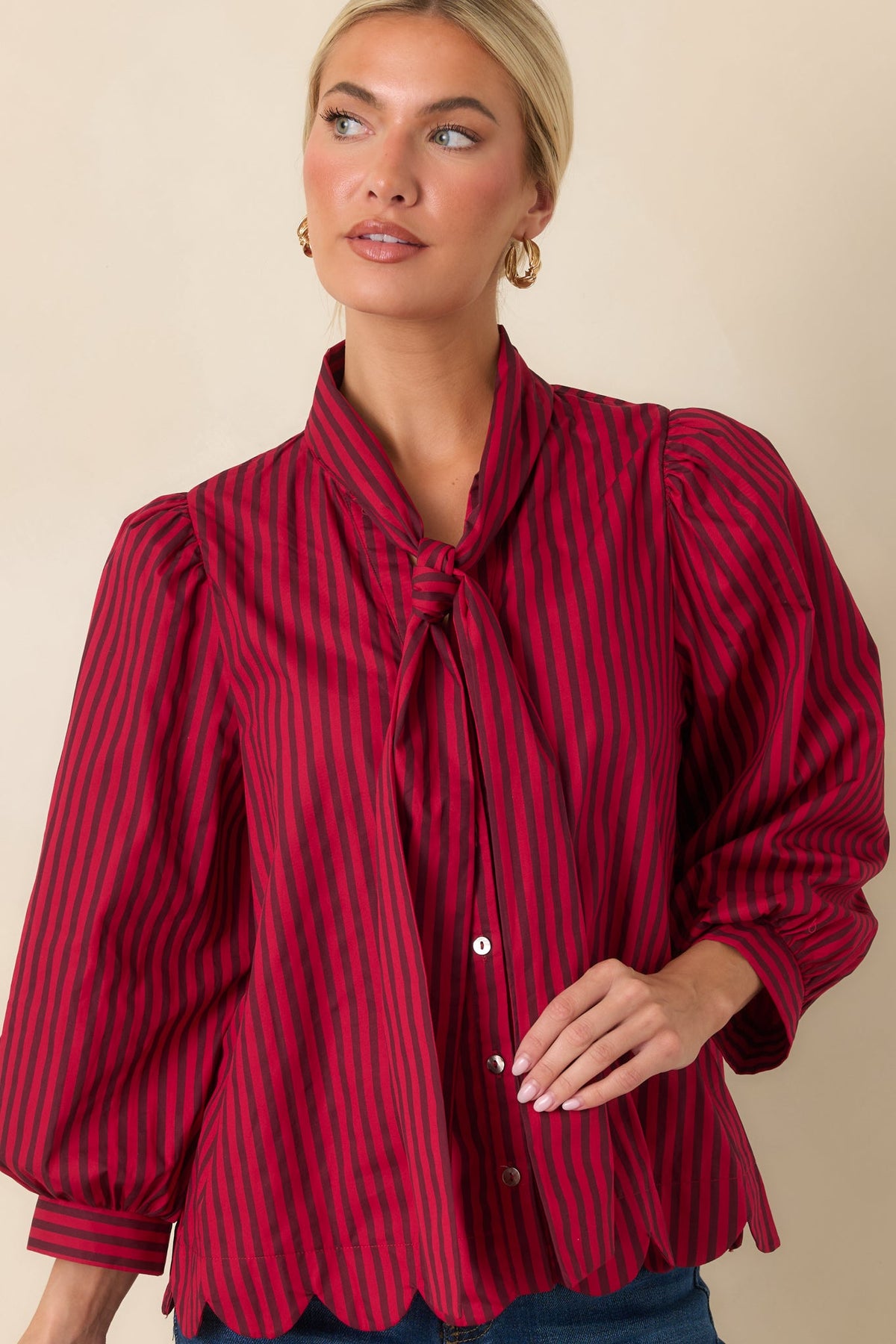Read Between the Lines Red & Brown Stripe Tie Neck Blouse