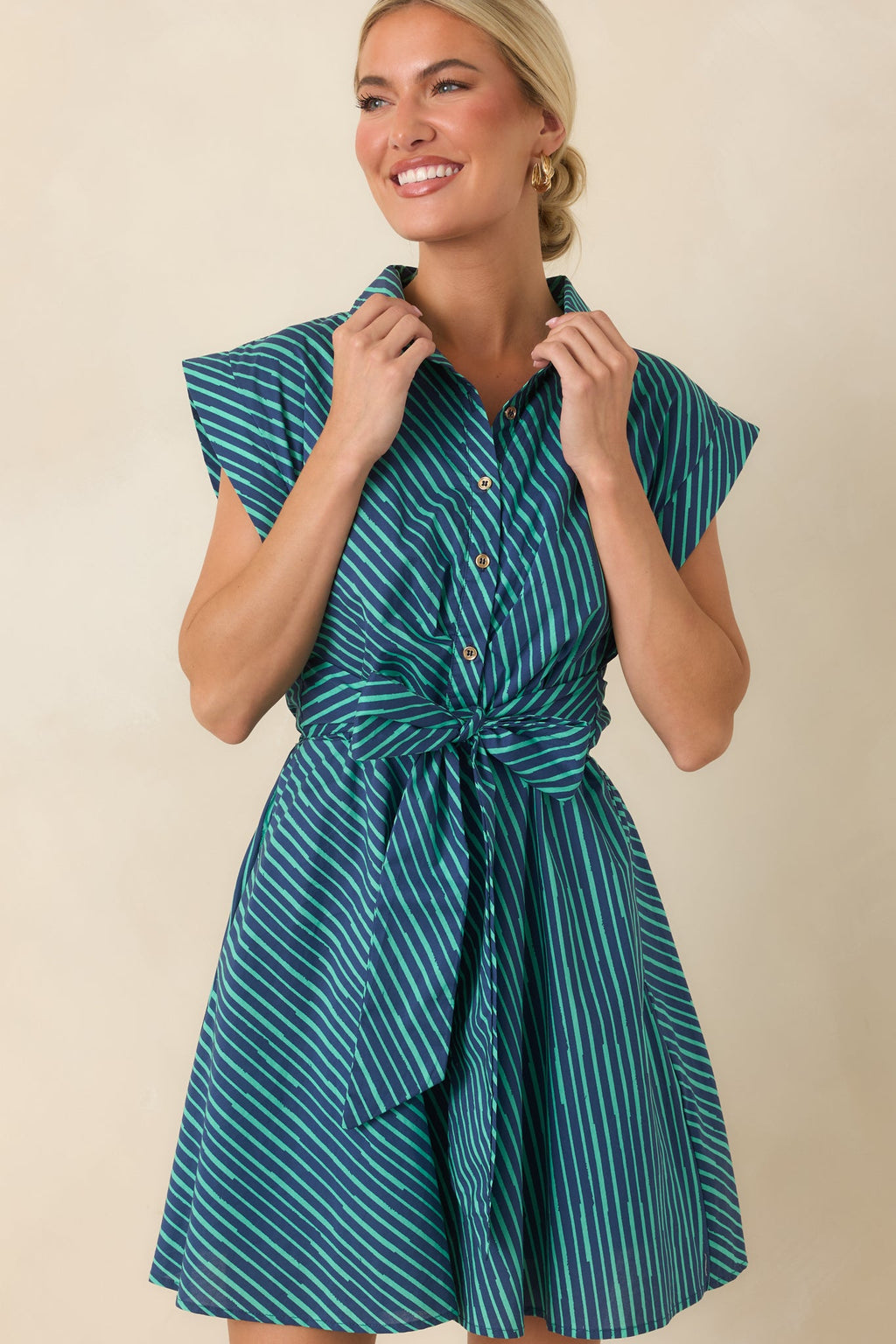Blurred Lines Teal Stripe Tie Waist Mini Dress