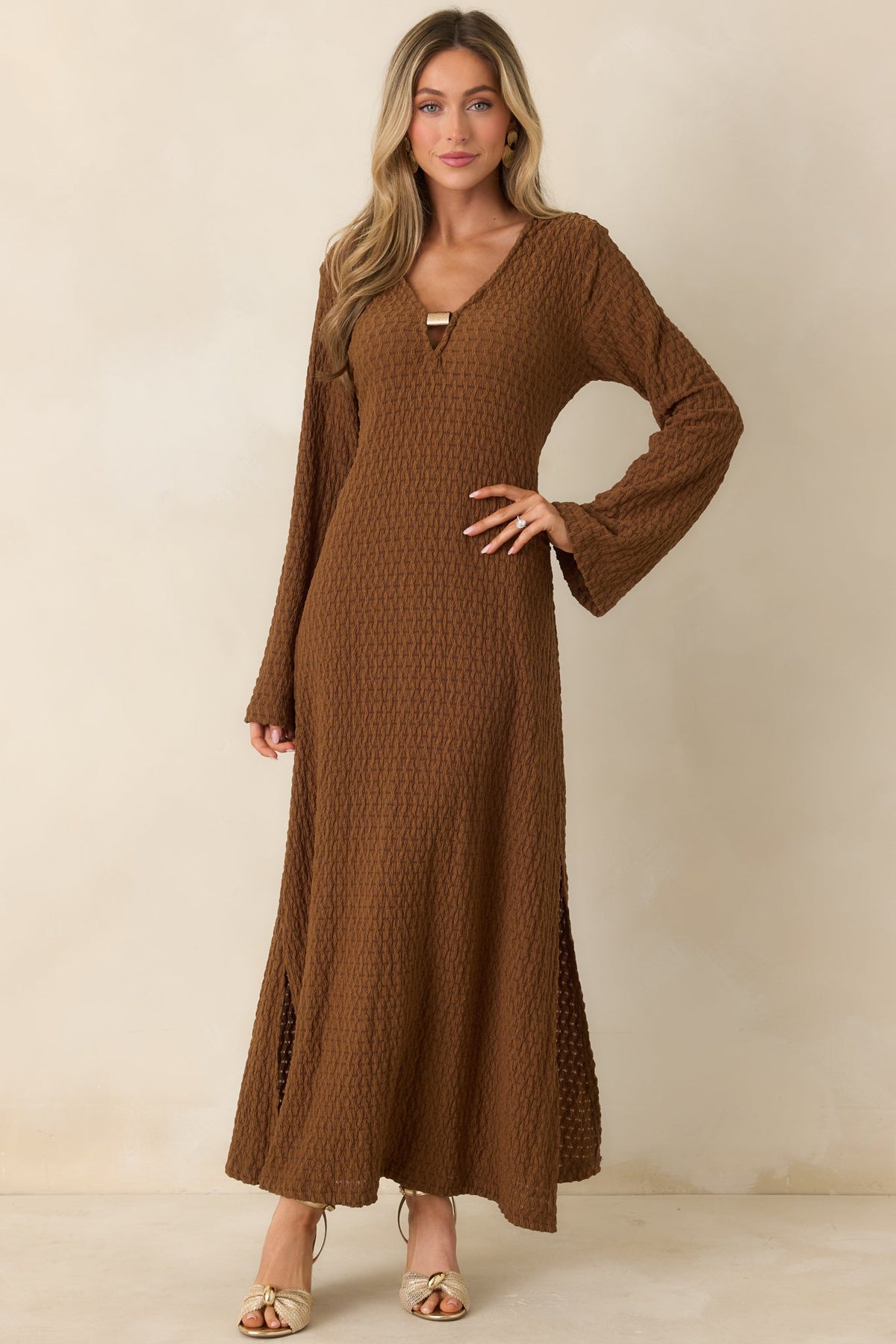 Just a Hint of Glam Brown Textured Semi-Sheer Long Sleeve Maxi Dress