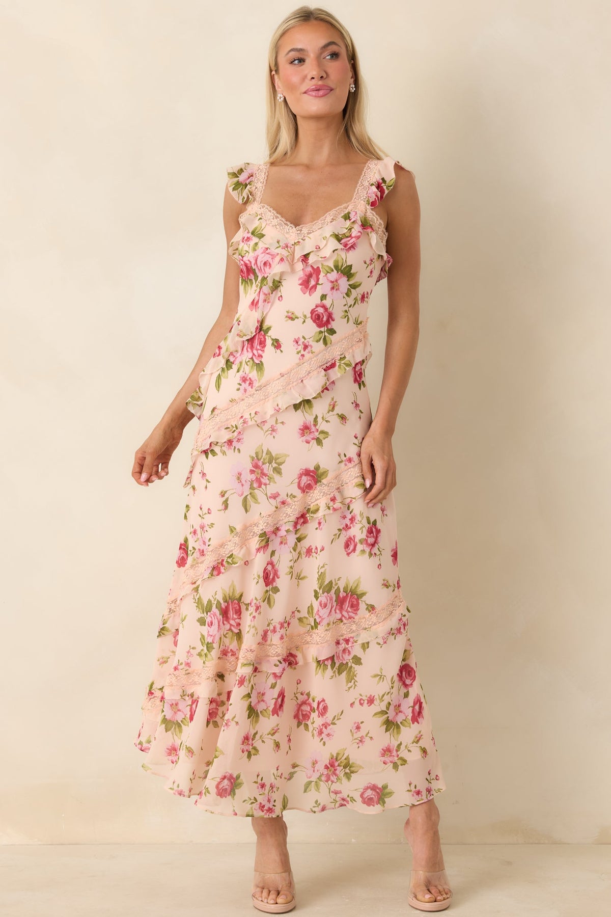 Yours Always Rose Pink Floral Lace & Ruffle Trim Midi Dress