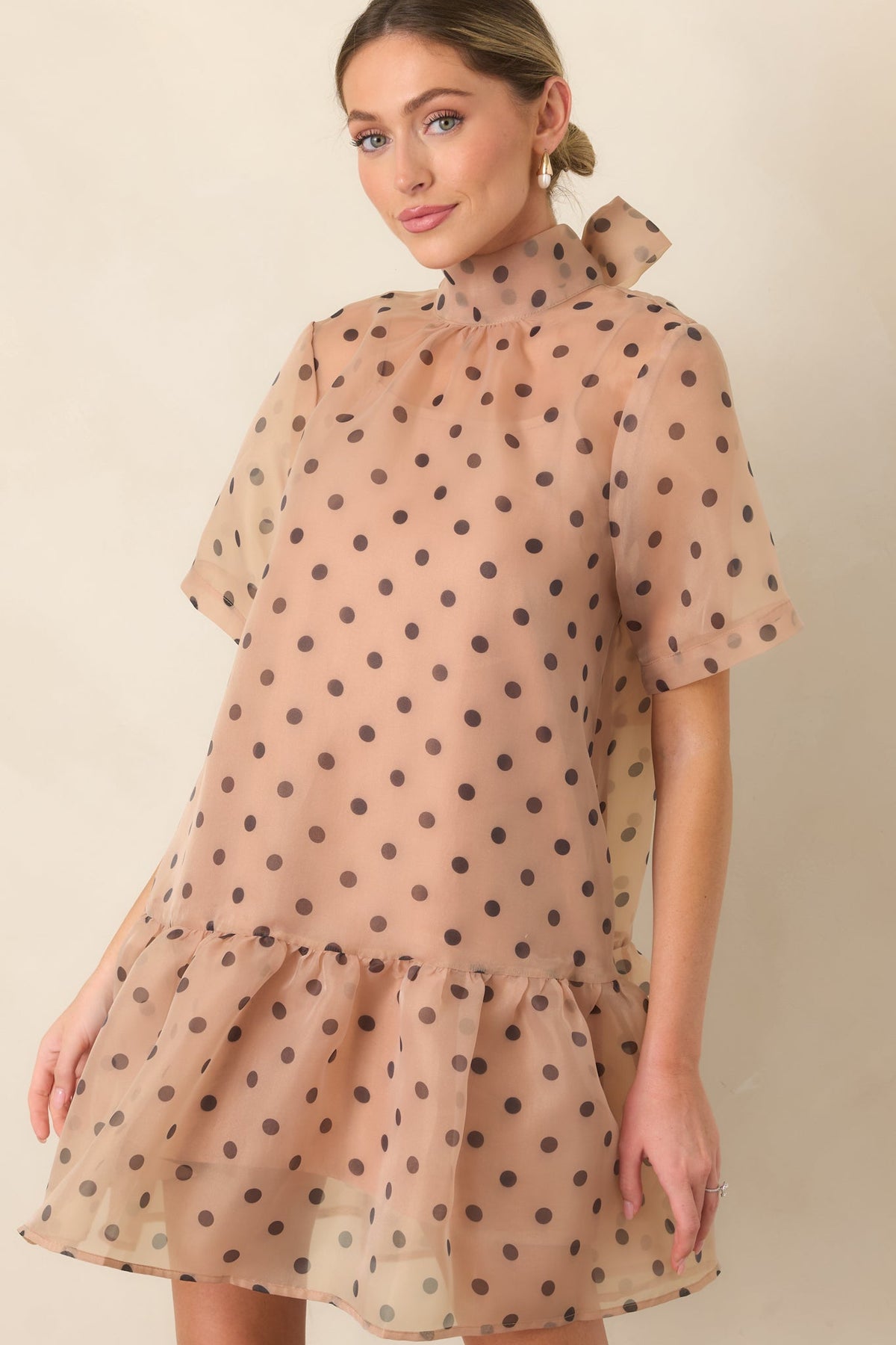 Spot On Style Beige Polka Dot Ruffle Hem Mini Dress