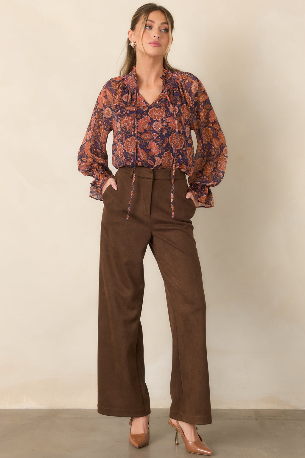 Season of Romance Plum & Rust Floral Ruffle Neck Blouse