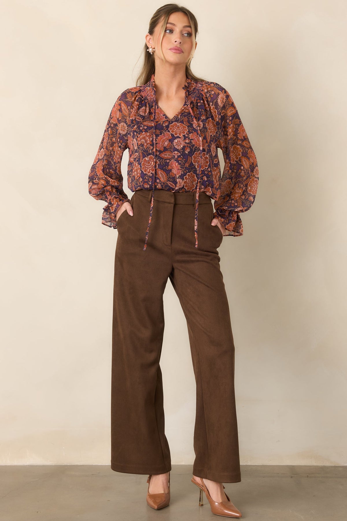 Season of Romance Plum & Rust Floral Ruffle Neck Blouse