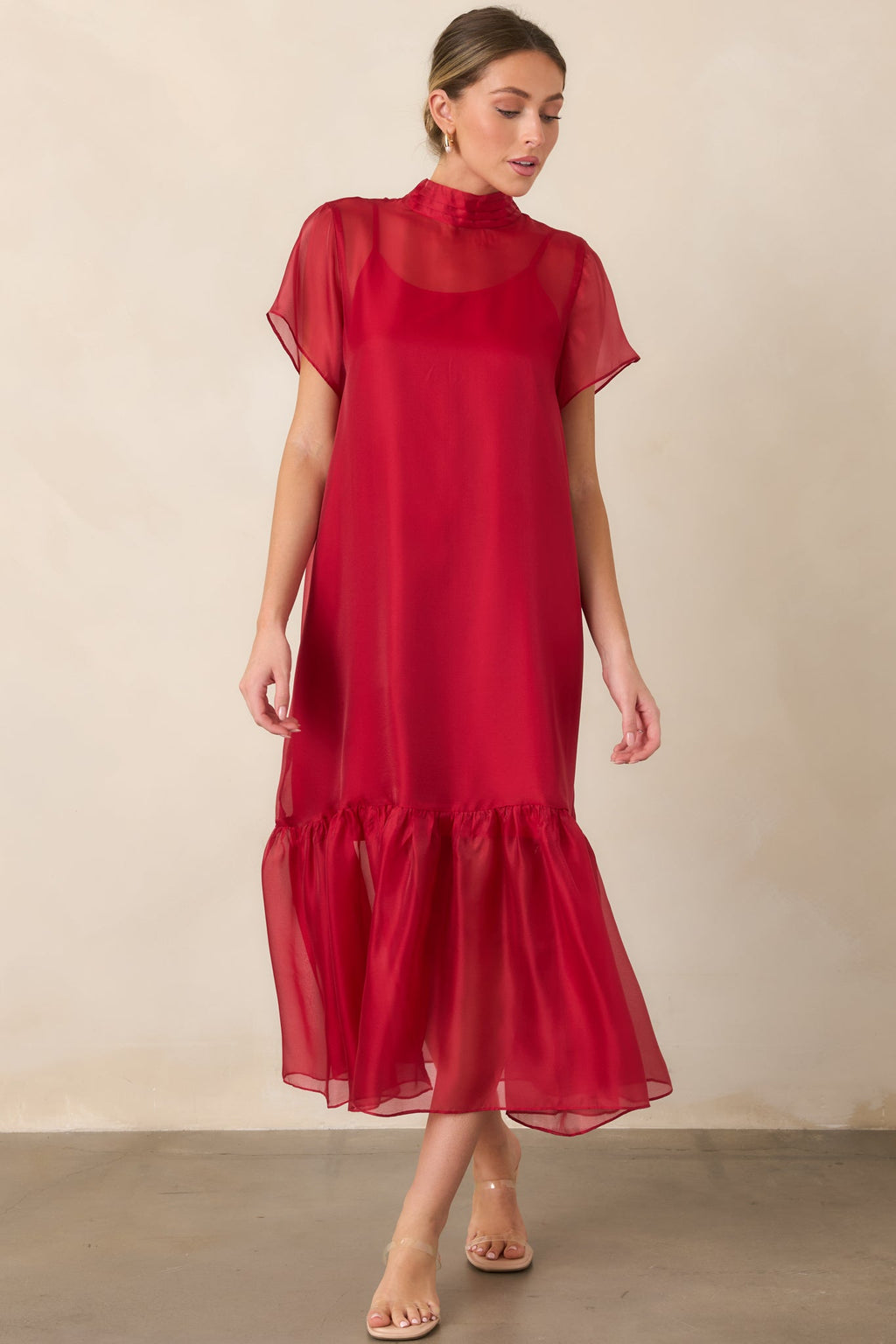 For the Occasion Red Sheer Organza Short Sleeve Maxi Dress