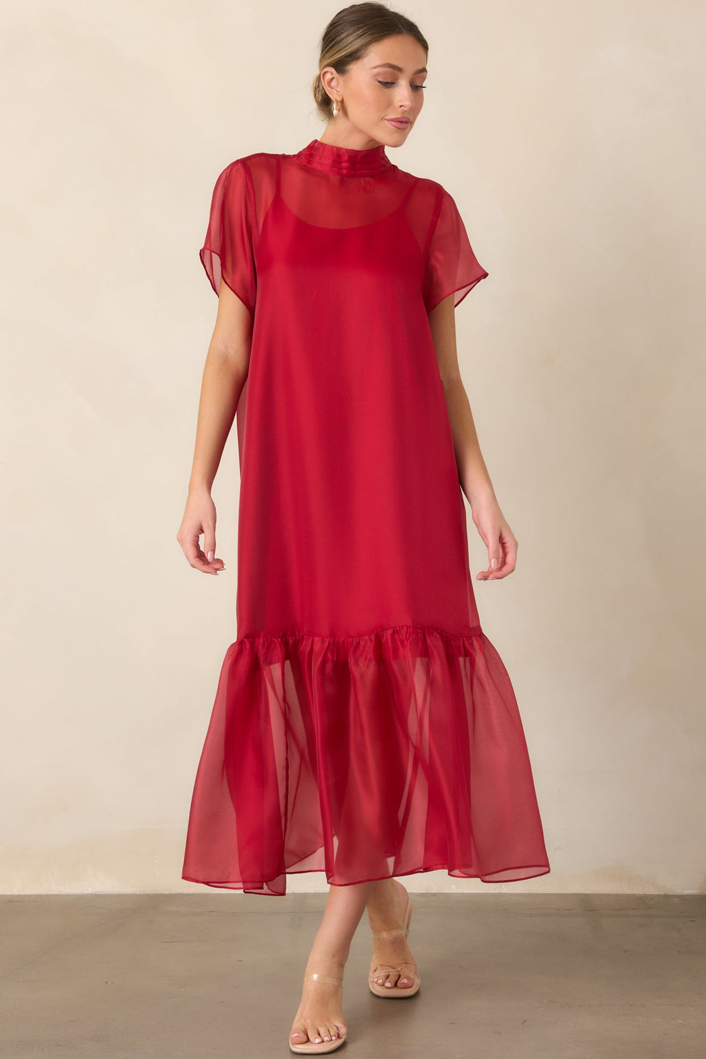 For the Occasion Red Sheer Organza Short Sleeve Maxi Dress