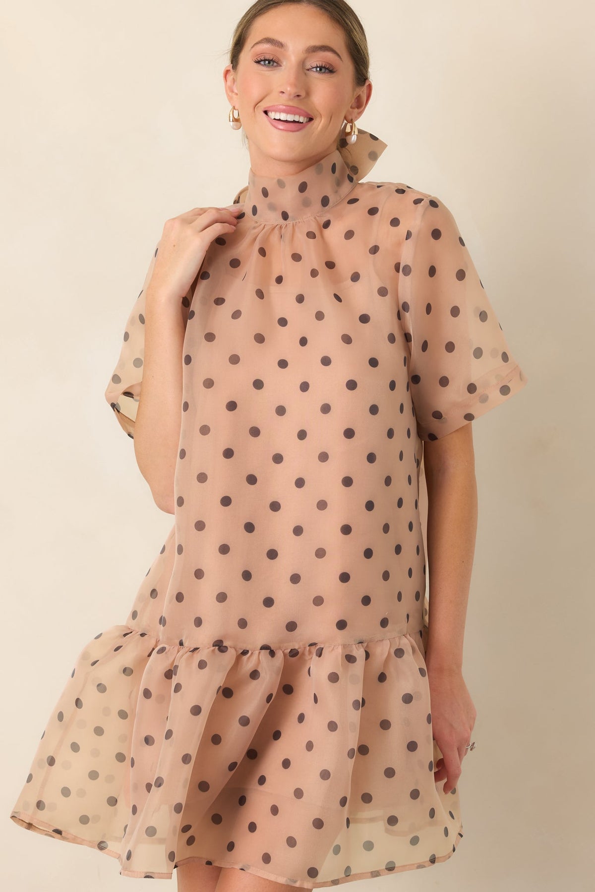 Spot On Style Beige Polka Dot Ruffle Hem Mini Dress