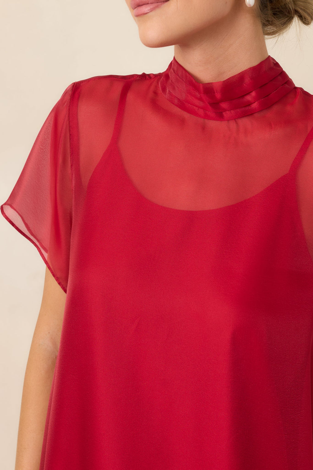 For the Occasion Red Sheer Organza Short Sleeve Maxi Dress