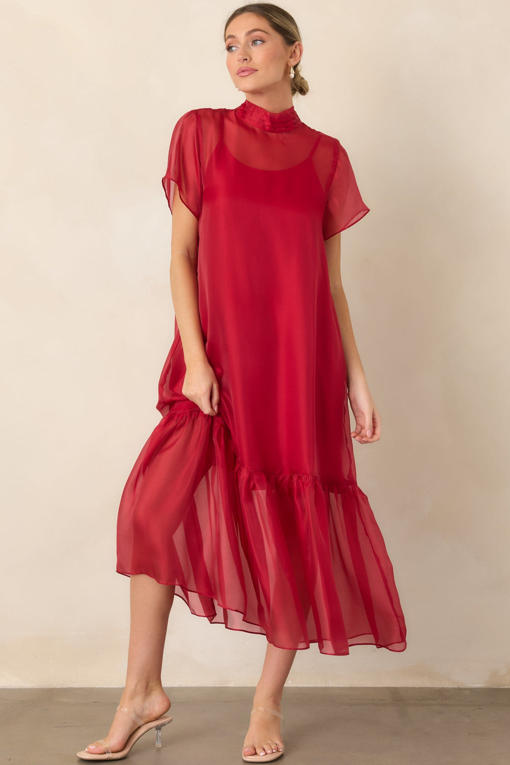 For the Occasion Red Sheer Organza Short Sleeve Maxi Dress