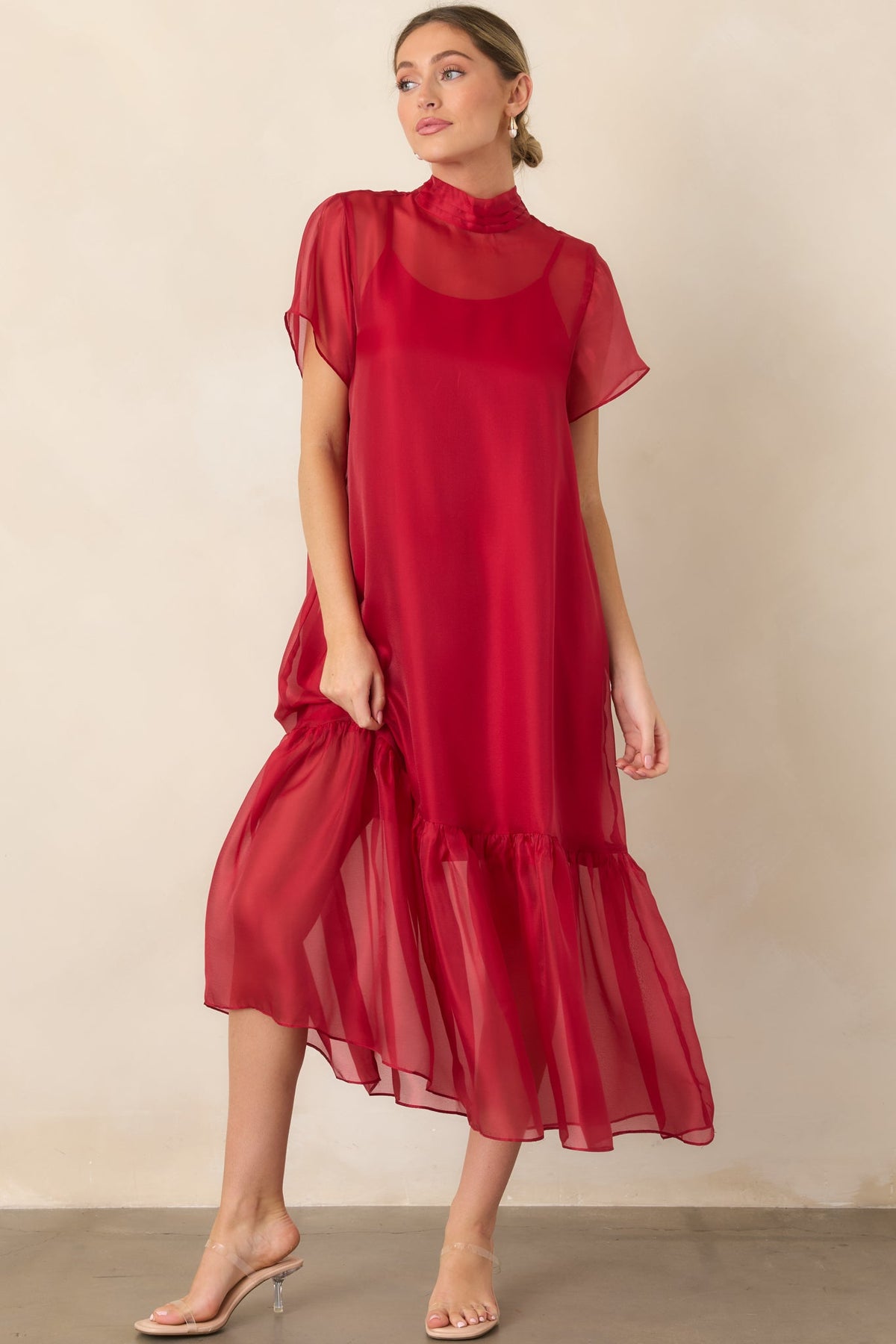 For the Occasion Red Sheer Organza Short Sleeve Maxi Dress