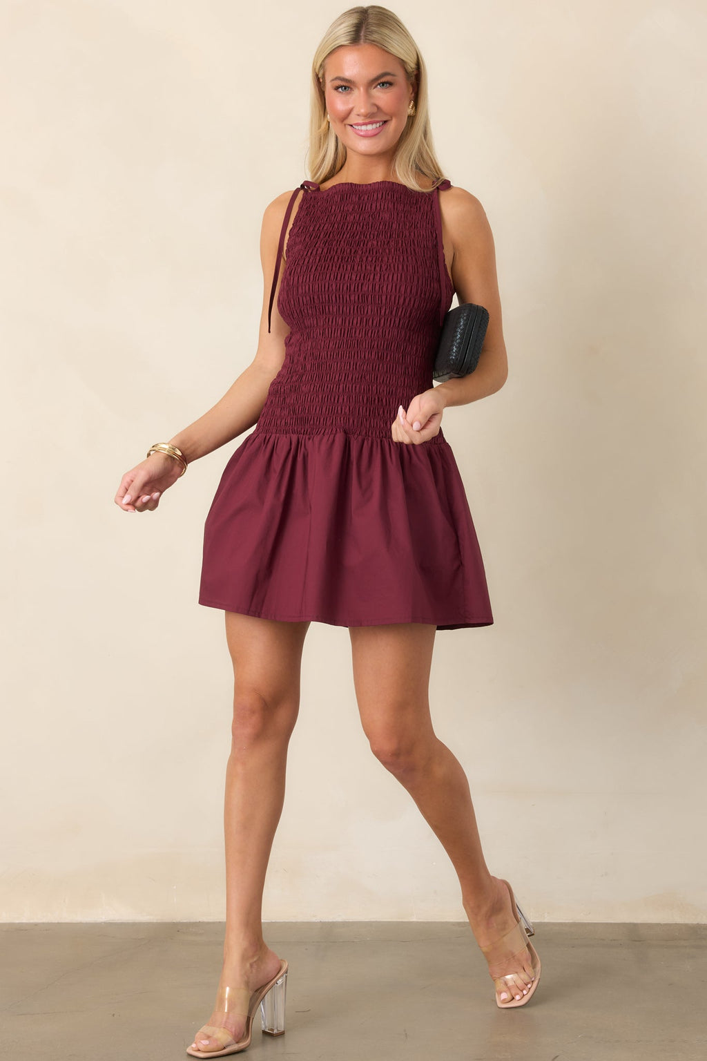 MINKPINK Lola Wine Red Cotton Shirred Mini Dress