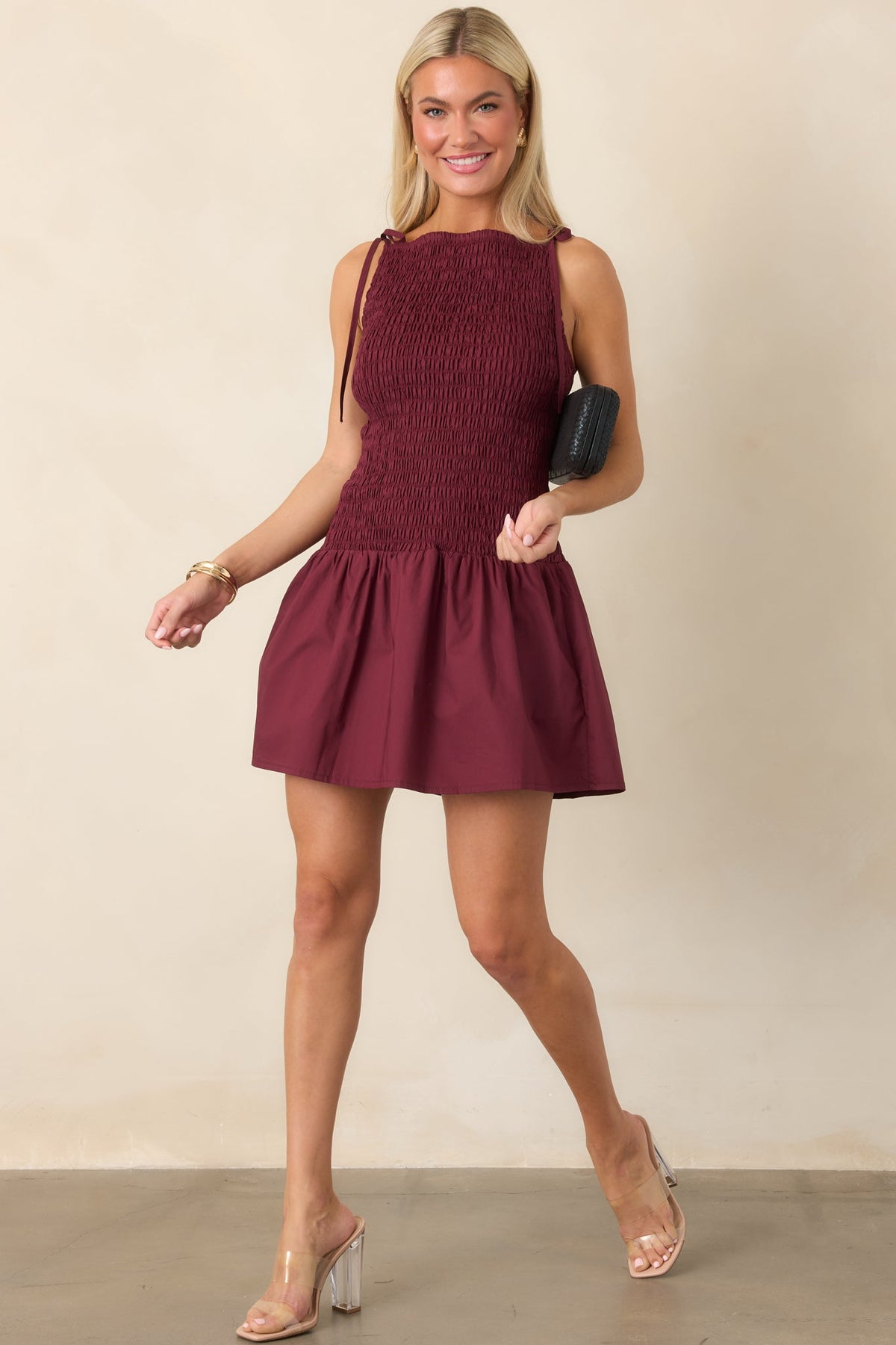 MINKPINK Lola Wine Red Cotton Shirred Mini Dress