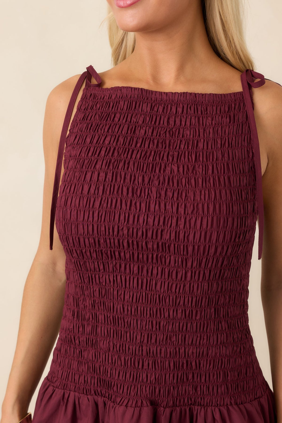 MINKPINK Lola Wine Red Cotton Shirred Mini Dress