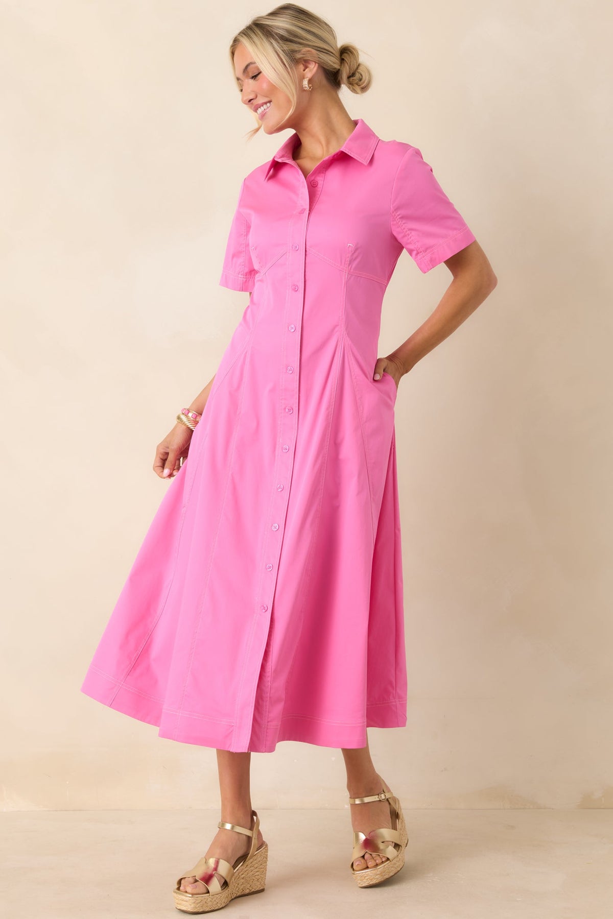 Make It Look Easy Pink Short Sleeve Midi Shirt Dress