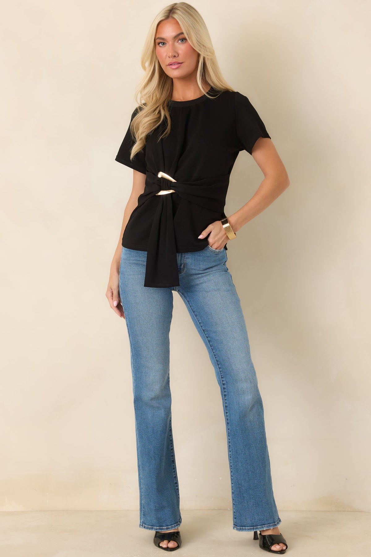 Made the Connection Black Knit Gathered Waist Top