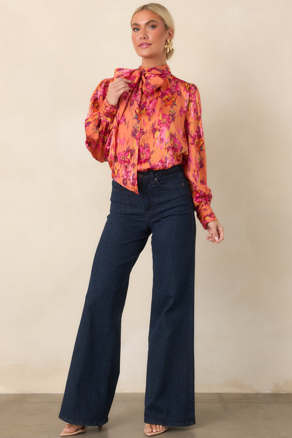 Worth Noticing Orange Multi Floral Satin Blouse